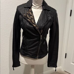 All Saints Black Leather Jacket with Patterned Accents